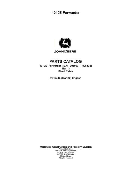 JOHN DEERE 1010E T3 FFC FORWARDER PARTS CATALOG MANUAL