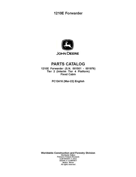 JOHN DEERE 1210E IT4 T2 FFC FORWARDER PARTS CATALOG MANUAL