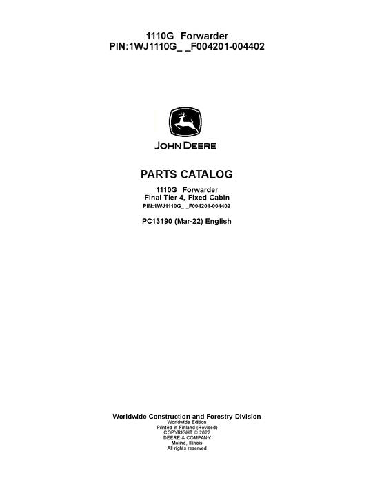 JOHN DEERE 1110G FT4 FFC FORWARDER ERSATZTEILKATALOGHANDBUCH ser.004201-