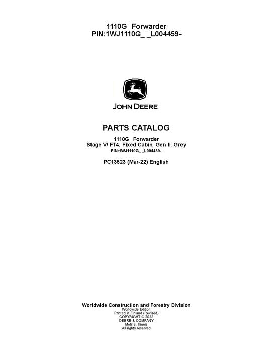 JOHN DEERE 1110G FT4 FFC FORWARDER PARTS CATALOG MANUAL ser. 1WJ1110G_L004459-