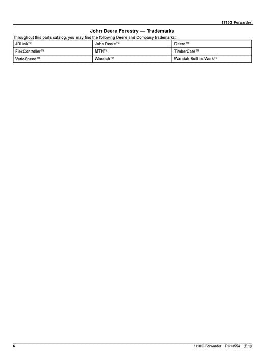 JOHN DEERE 1110G FT4 RL FORWARDER PARTS CATALOG MANUAL 1WJ1110G_ F002517-