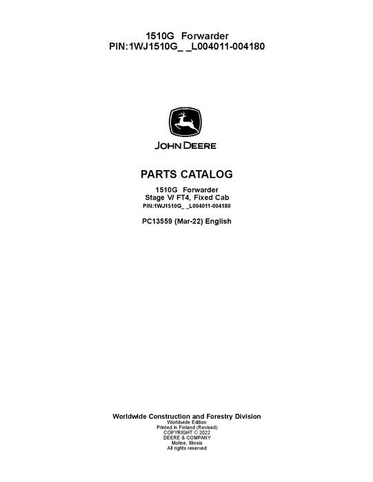 MANUEL DU CATALOGUE DES PIÈCES DU TRANSPORTEUR JOHN DEERE 1510G FT4 FFC F004011-