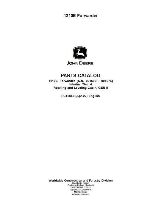 JOHN DEERE 1210E IT4 FORWARDER PARTS CATALOG MANUAL ser.001698-