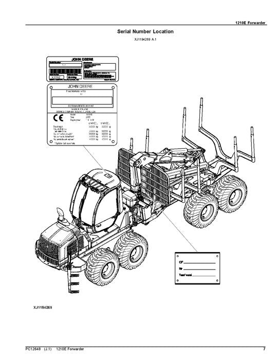 JOHN DEERE 1210E IT4 FORWARDER PARTS CATALOG MANUAL ser.001698-