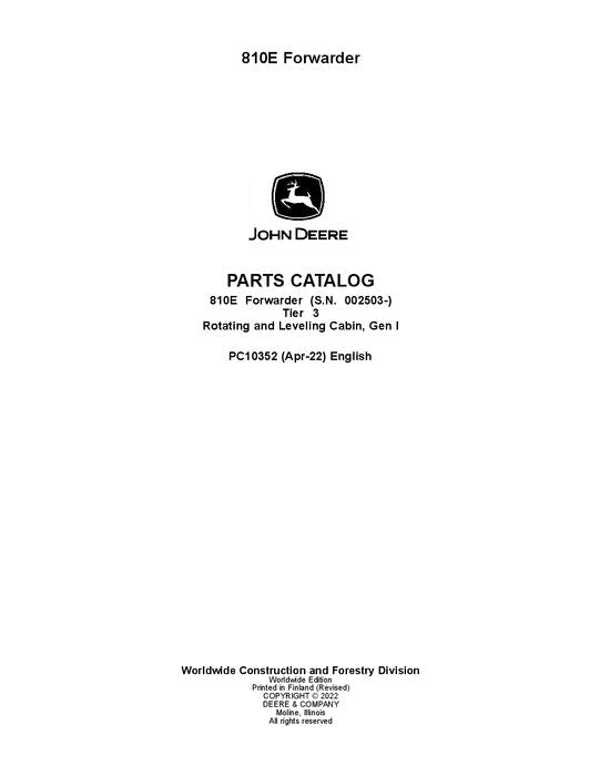 JOHN DEERE 810E T3 FORWARDER PARTS CATALOG MANUAL 002503-002736