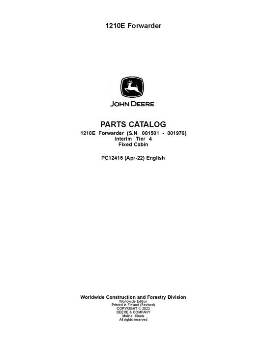 JOHN DEERE 1210E IT4 FFC FORWARDER PARTS CATALOG MANUAL