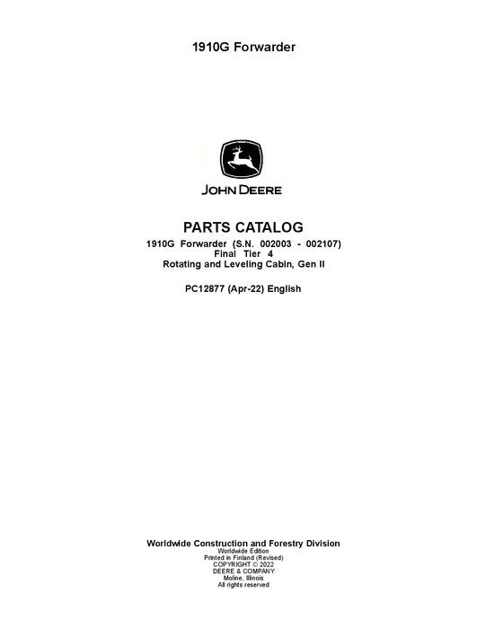 JOHN DEERE 1910G FORWARDER PARTS CATALOG MANUAL Ser.002003-