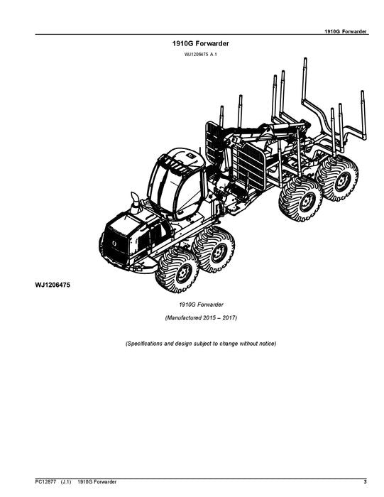 JOHN DEERE 1910G FORWARDER PARTS CATALOG MANUAL Ser.002003-