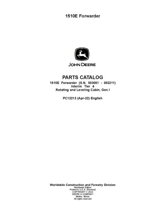 JOHN DEERE 1510E IT4 FORWARDER PARTS CATALOG MANUAL 003001-003211