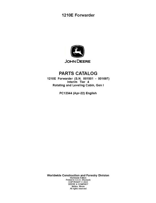 JOHN DEERE 1210E IT4 FORWARDER PARTS CATALOG MANUAL ser.001501-001697