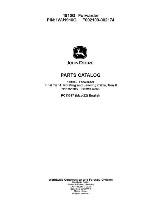 JOHN DEERE 1910G FORWARDER PARTS CATALOG MANUAL 1WJ1910G_F002108-