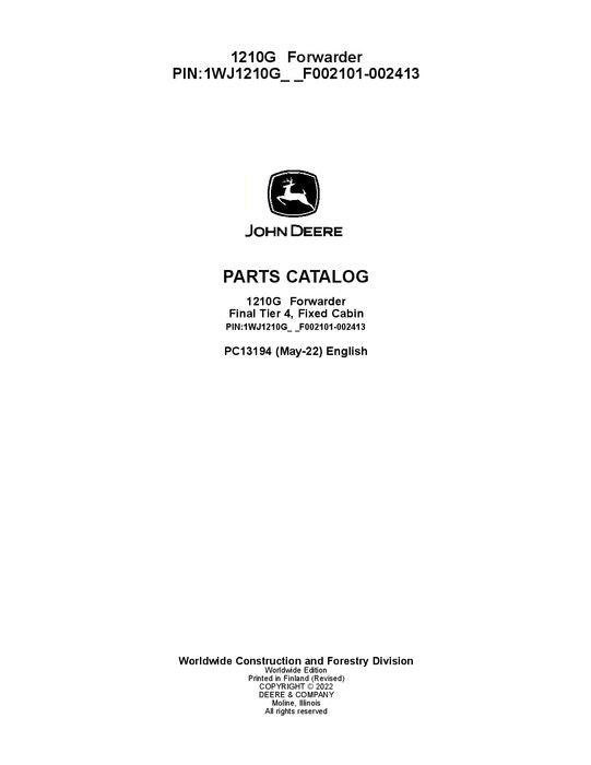 JOHN DEERE 1210G FT4 FFC FORWARDER PARTS CATALOG MANUAL ser.002101-