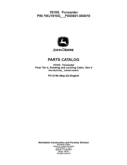 JOHN DEERE 1510G FT4 RL FORWARDER PARTS CATALOG MANUAL serial 003601-