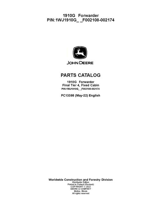 JOHN DEERE 1910G FORWARDER PARTS CATALOG MANUAL F002108-