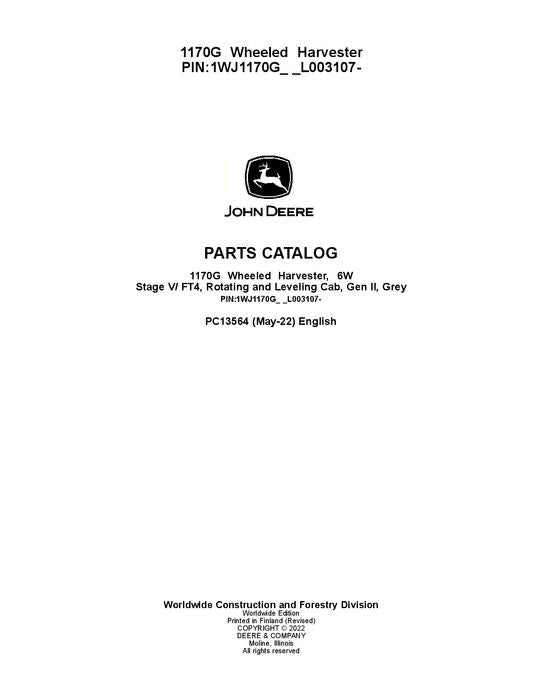 JOHN DEERE 1170G FORWARDER PARTS CATALOG MANUAL ser.1WJ1170G_F003107-