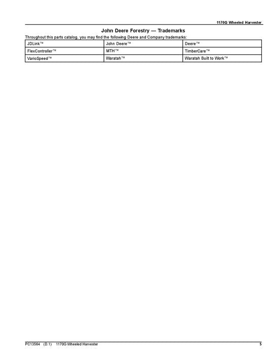 JOHN DEERE 1170G FORWARDER PARTS CATALOG MANUAL ser.1WJ1170G_F003107-