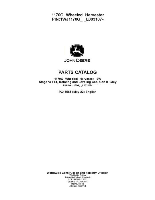 JOHN DEERE 1170G FORWARDER PARTS CATALOG MANUAL ser. 1WJ1170G_F003107-