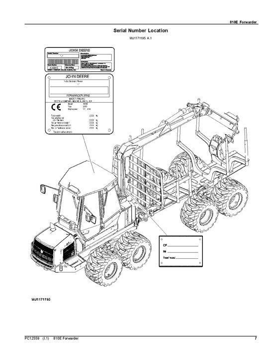 JOHN DEERE 810E T3 FFC FORWARDER PARTS CATALOG MANUAL