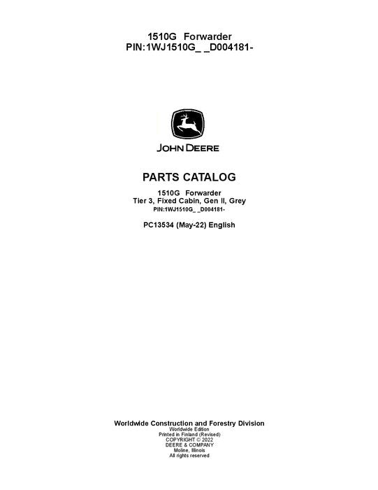 JOHN DEERE 1510G T3 FFC FORWARDER PARTS CATALOG MANUAL