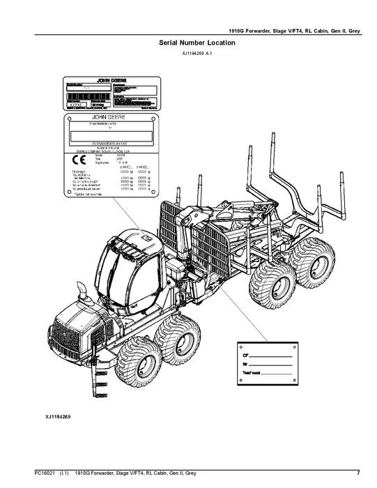 JOHN DEERE 1910G FORWARDER-TEILEKATALOGHANDBUCH PC16021