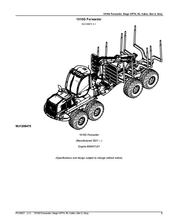 JOHN DEERE 1910G FORWARDER-TEILEKATALOGHANDBUCH PC16021