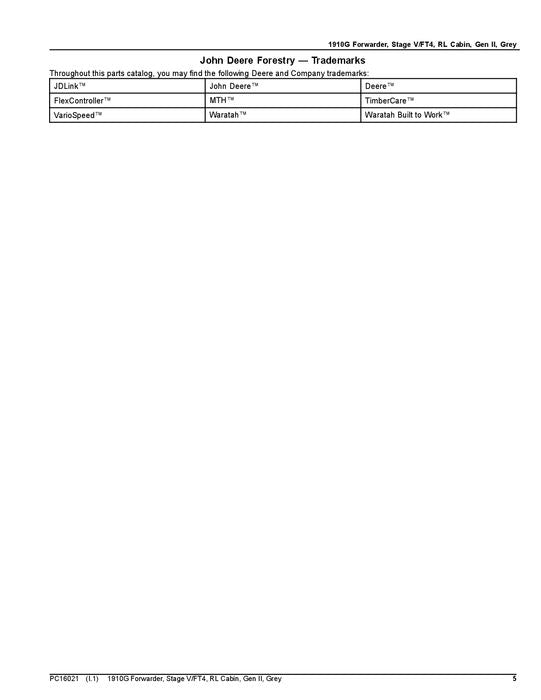 JOHN DEERE 1910G FORWARDER PARTS CATALOG MANUAL PC16021