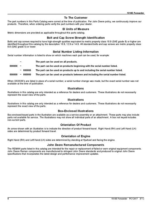 JOHN DEERE 1510E IT4 FFC FORWARDER PARTS CATALOG MANUAL