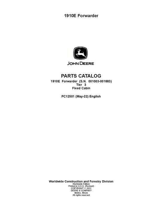 JOHN DEERE 1910E T3 FFC FORWARDER PARTS CATALOG MANUAL