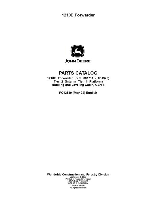 JOHN DEERE 1210E IT4 T2 FORWARDER PARTS CATALOG MANUAL PC12649