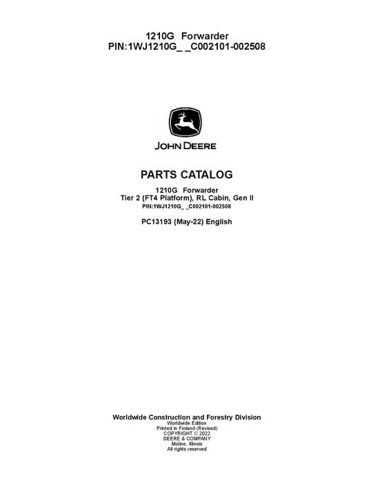 JOHN DEERE 1210G T2 RL FORWARDER PARTS CATALOG MANUAL ser. 002101-