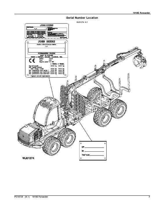 JOHN DEERE 1910E T2 FORWARDER PARTS CATALOG MANUAL 002501-