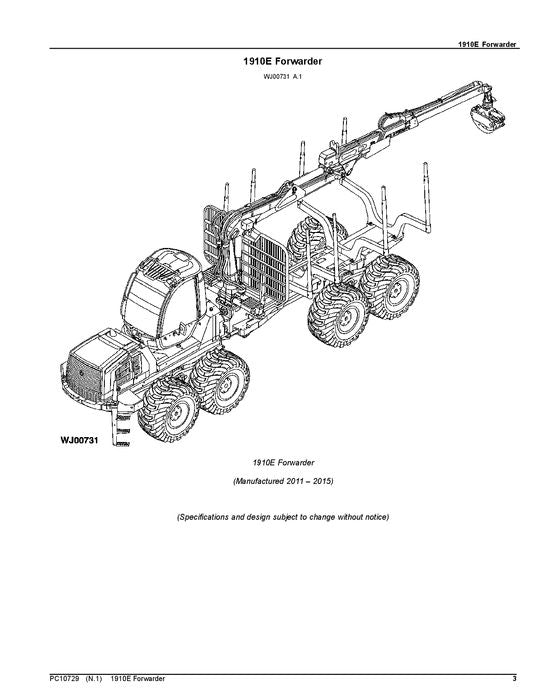 JOHN DEERE 1910E T2 FORWARDER PARTS CATALOG MANUAL 002501-