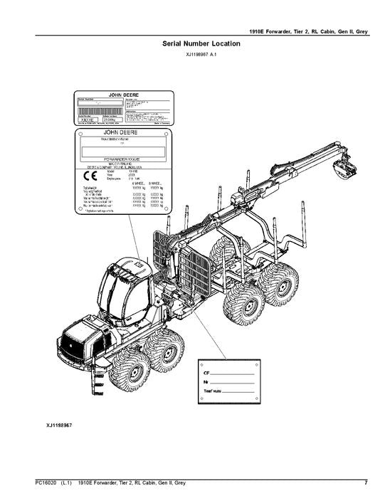 JOHN DEERE 1910E FORWARDER PARTS CATALOG MANUAL PC16020