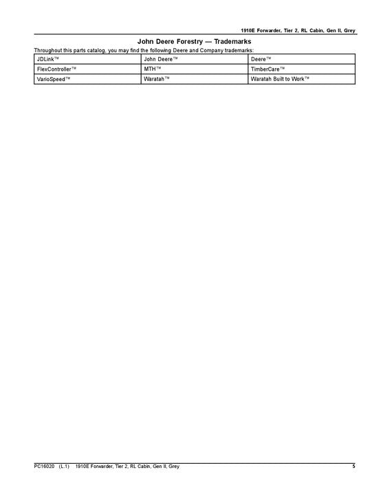 JOHN DEERE 1910E FORWARDER PARTS CATALOG MANUAL PC16020