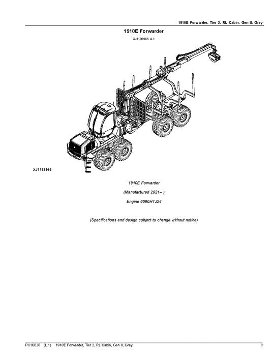 JOHN DEERE 1910E FORWARDER PARTS CATALOG MANUAL PC16020