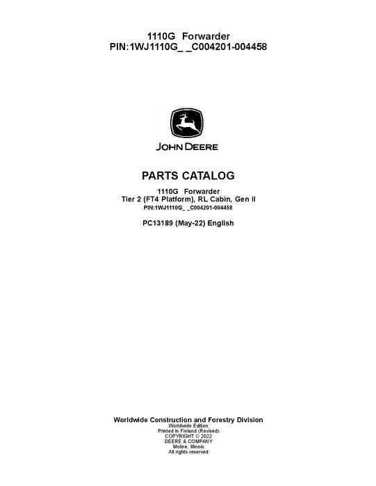 JOHN DEERE 1110G T2 RL FORWARDER PARTS CATALOG MANUAL ser. 004201-