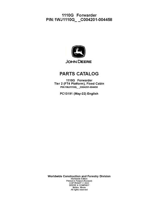 JOHN DEERE 1110G T2 FFC FORWARDER PARTS CATALOG MANUAL