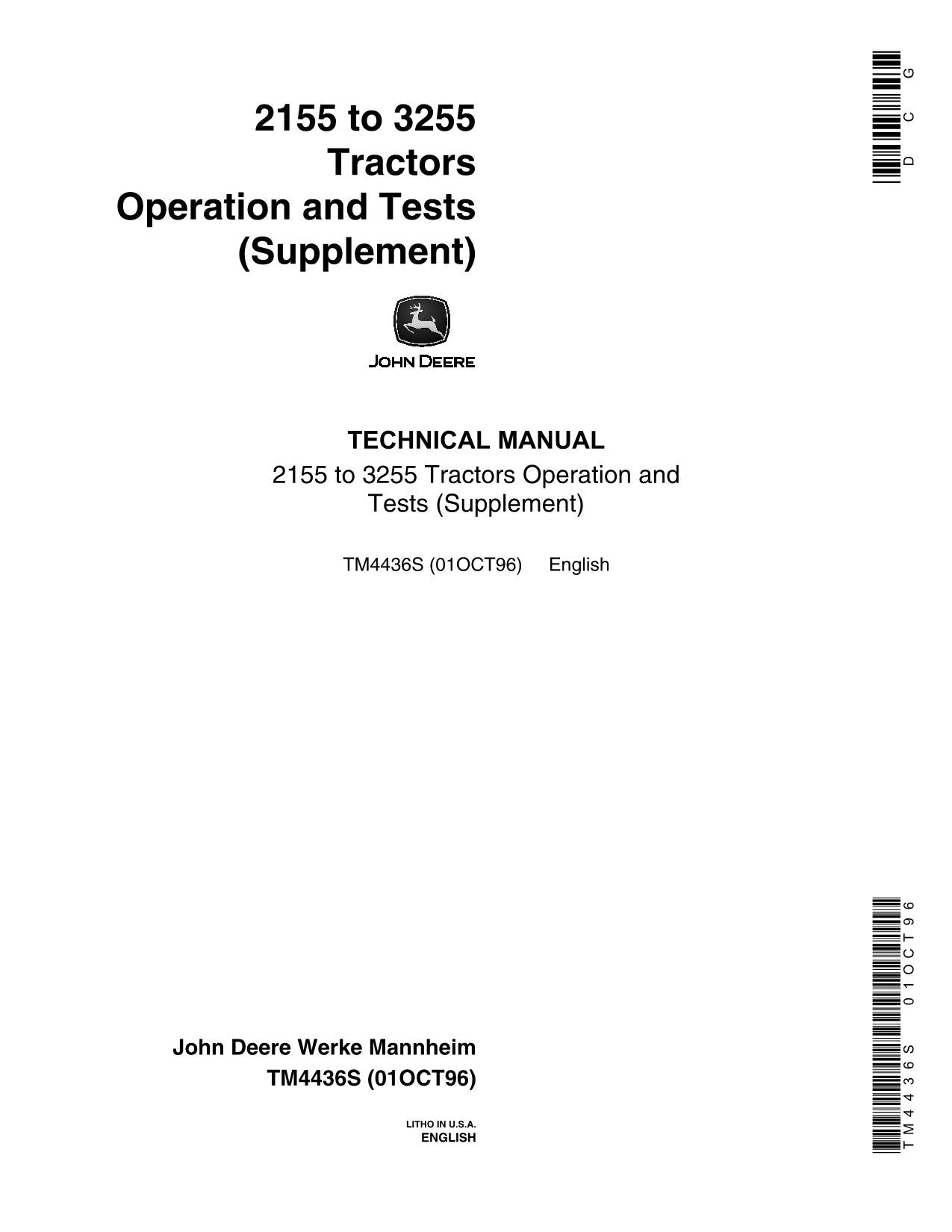 JOHN DEERE 2155 2355 2555 2755 2855N 2955 TRAKTOR-BETRIEBSPRÜFANLEITUNG Ergänzung