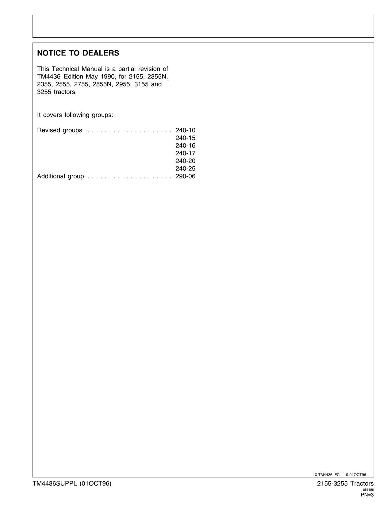 JOHN DEERE 2155 2355 2555 2755 2855N 2955 TRACTOR OPERATION TEST MANUAL suppl