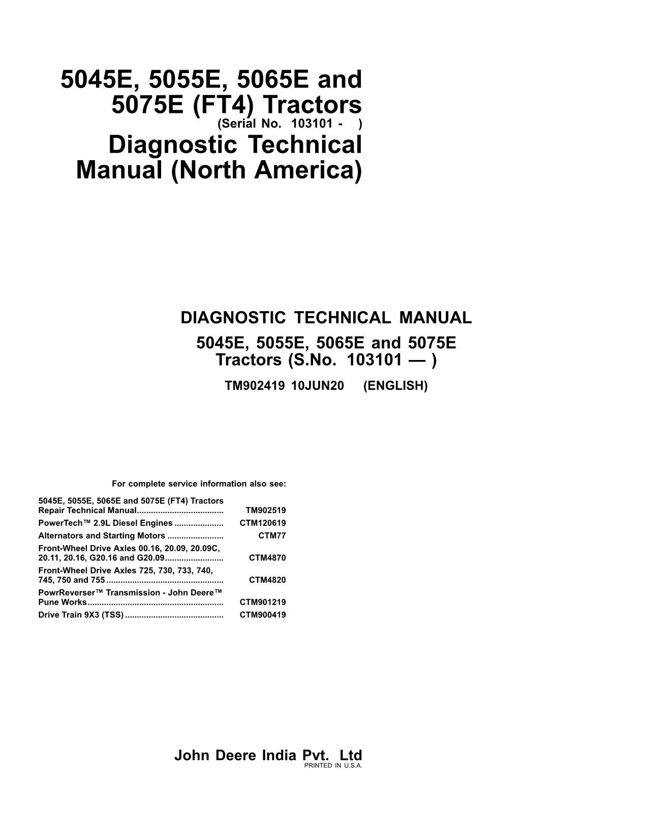 JOHN DEERE 5045E 5065E 5055E 5075E FT4 TRACTOR OPERATION TEST MANUAL MY18-