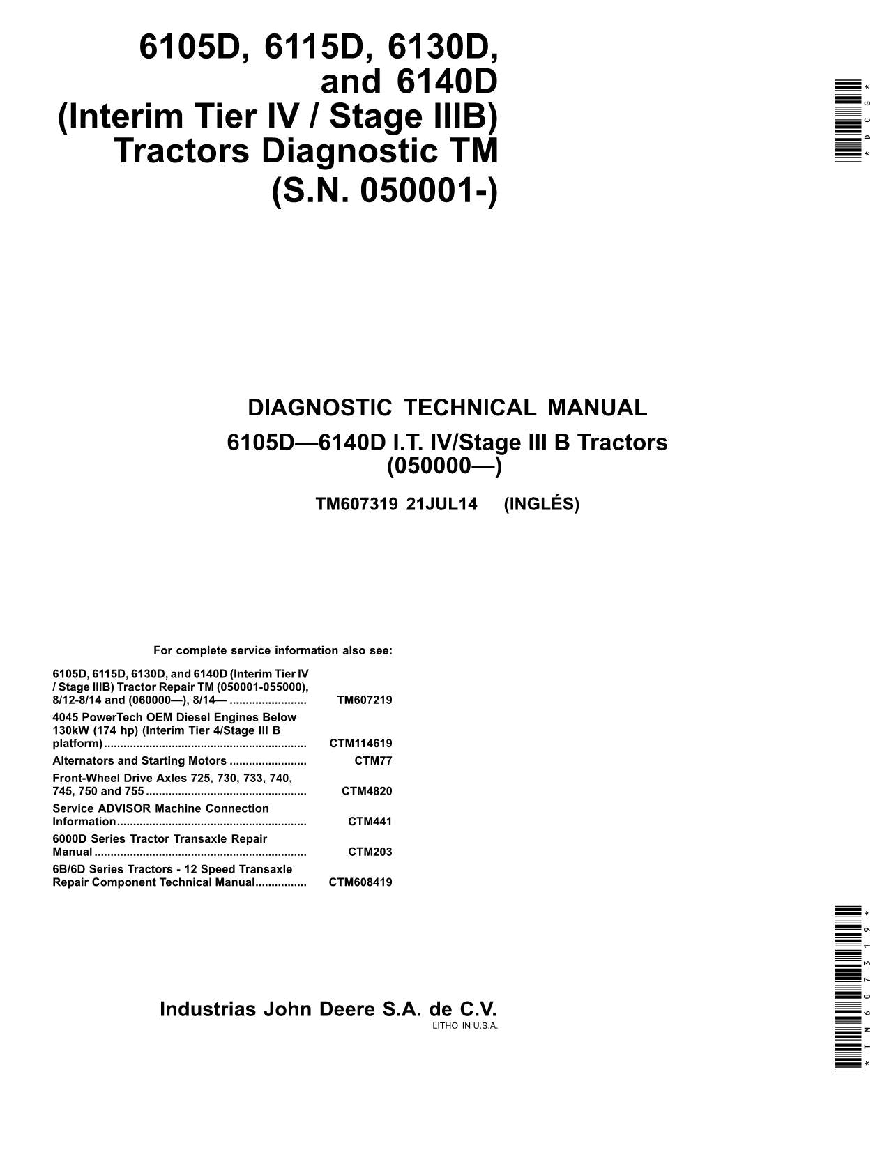 JOHN DEERE 6105D 6115D 6130D 6140D TRACTOR OPERATION TEST MANUAL