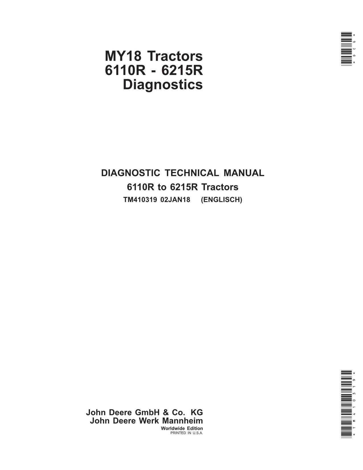 JOHN DEERE 6110R 6120R 6130R TRACTOR OPERATION TEST MANUAL MY2018-