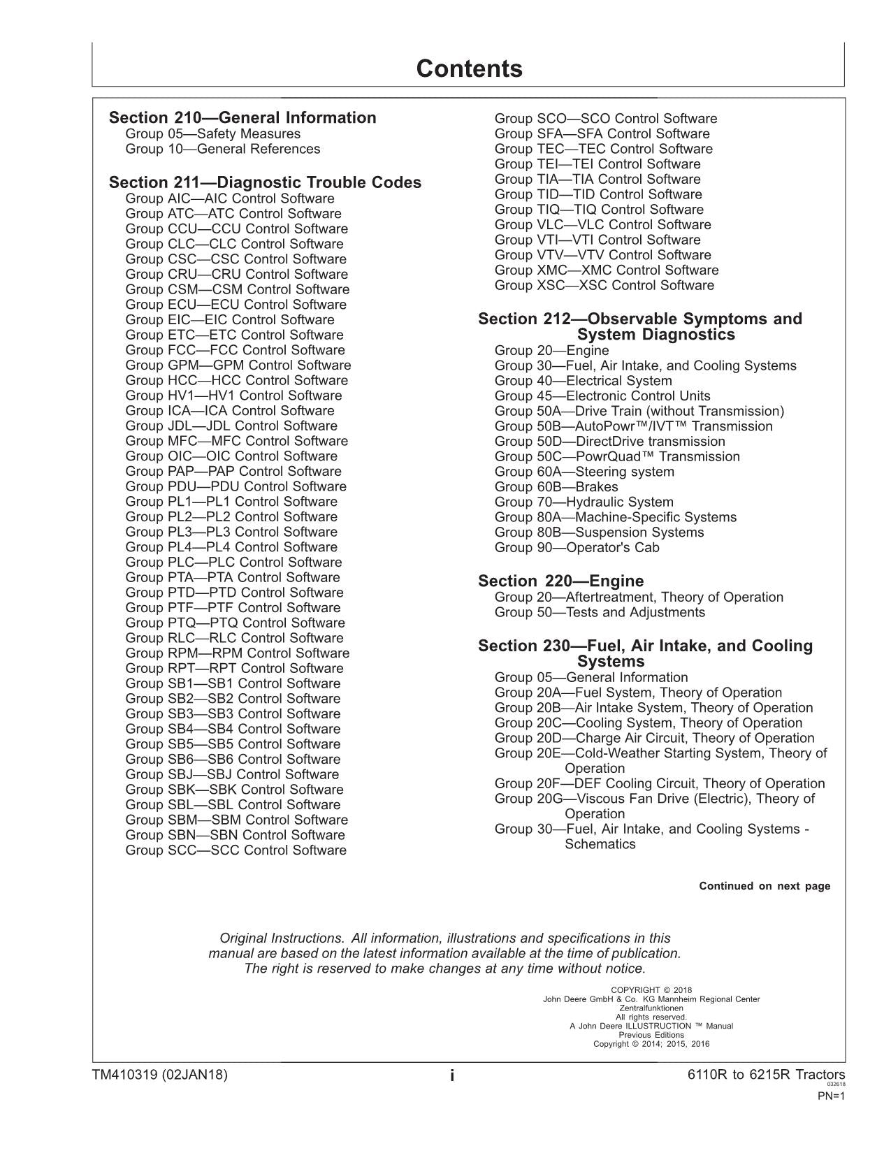 JOHN DEERE 6110R 6120R 6130R TRACTOR OPERATION TEST MANUAL MY2018-