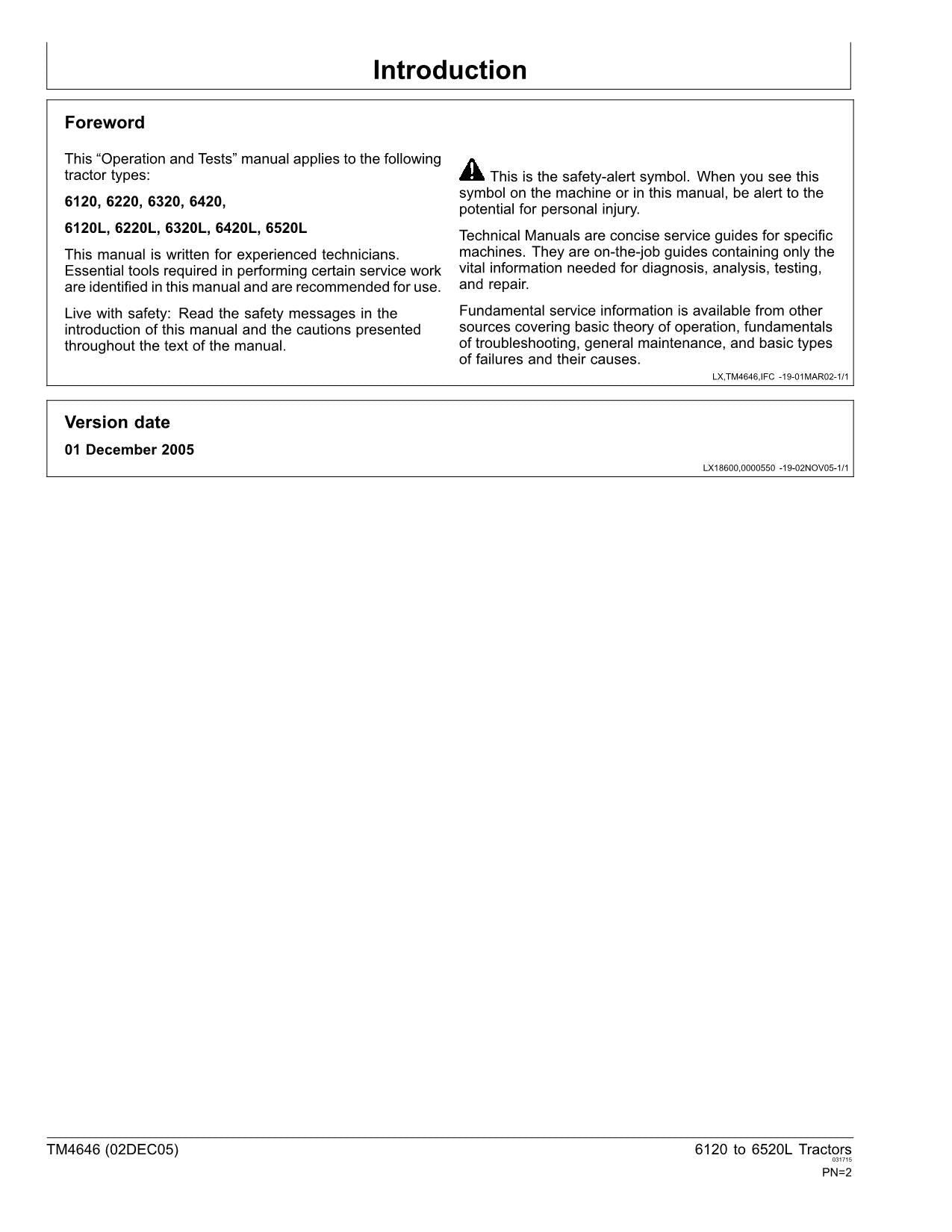 JOHN DEERE 6120 6220 6320 6420 6120L 6220L 6320L TRACTOR OPERATION TEST MANUAL