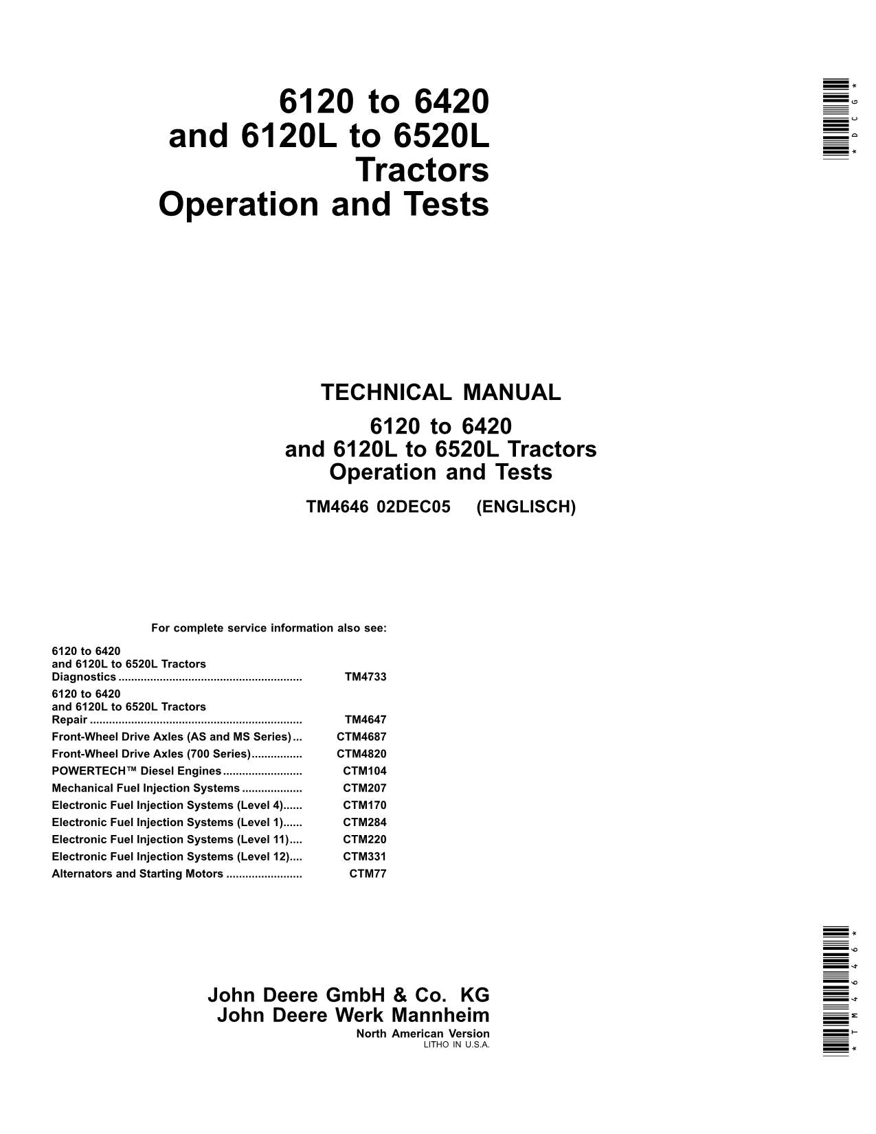 JOHN DEERE 6120 6220 6320 6420 6120L 6220L 6320L TRACTOR OPERATION TEST MANUAL