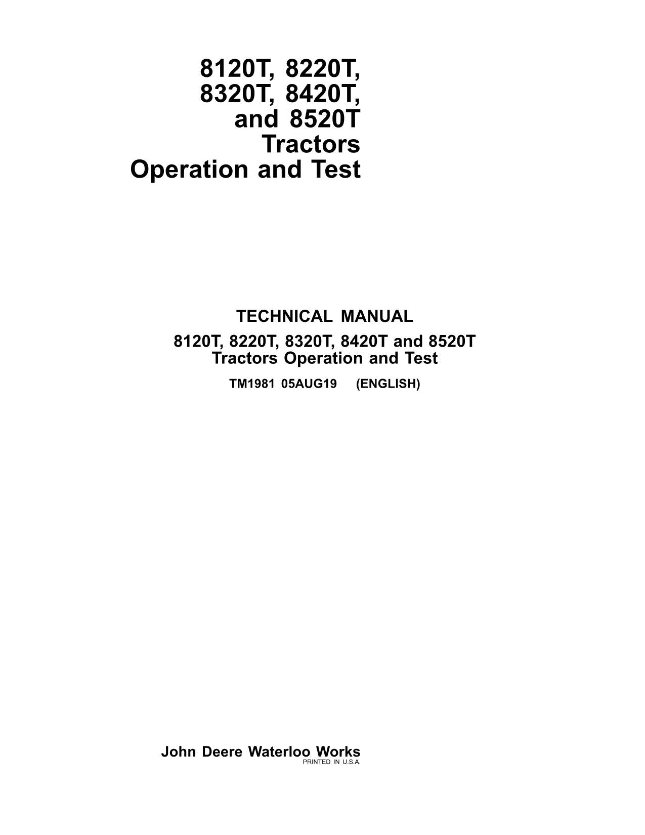 JOHN DEERE 8120T  8220T  8320T  8420T  8520T TRACTOR OPERATION TEST MANUAL