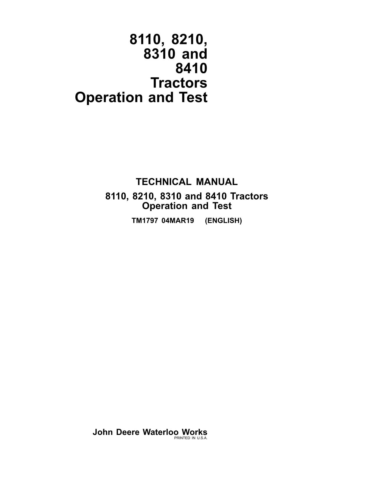 JOHN DEERE 8110  8210  8310  8410 TRACTOR OPERATION TEST MANUAL #2