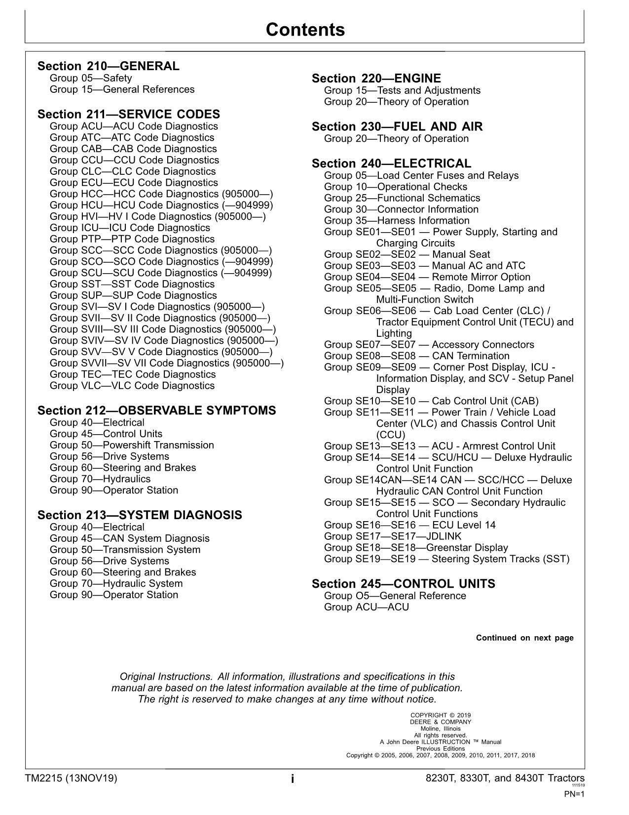 JOHN DEERE 8230T  8330T  8430T TRACTOR OPERATION TEST MANUAL