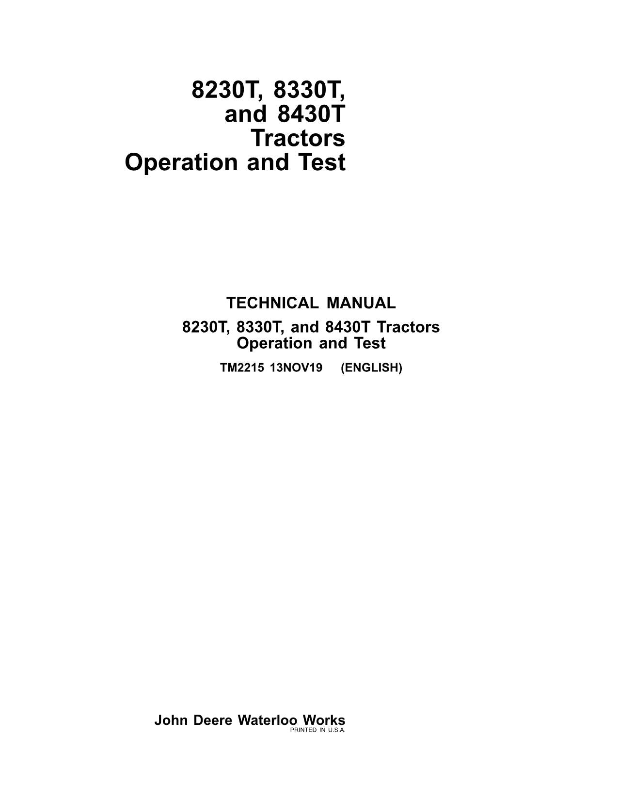 JOHN DEERE 8230T  8330T  8430T TRACTOR OPERATION TEST MANUAL