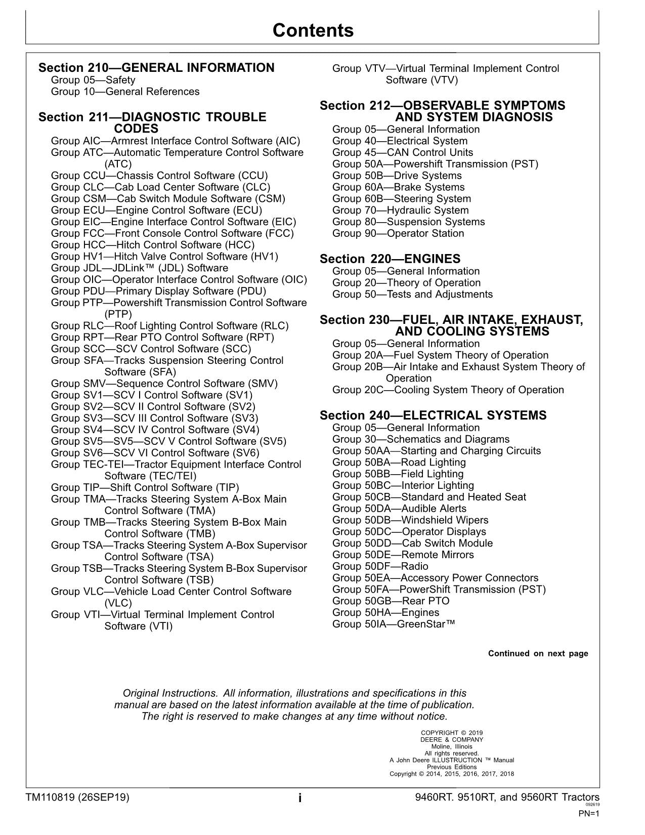 JOHN DEERE 9460RT  9510RT  9560RT TRACTOR OPERATION TEST MANUAL